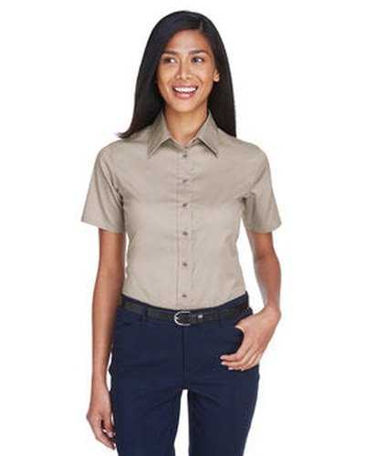 Harriton M500SW Ladies' Easy Blend Short-Sleeve Twill Shirt with Stain-Release - Stone - HIT a Double