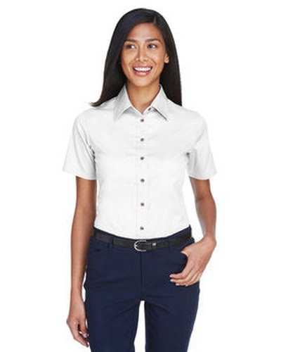 Harriton M500SW Ladies&#39; Easy Blend Short-Sleeve Twill Shirt with Stain-Release - White - HIT a Double