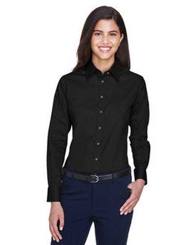 Harriton M500W Ladies' Easy Blend Long-Sleeve Twill Shirt with Stain-Release - Black - HIT a Double