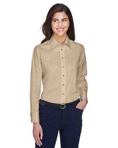 Harriton M500W Ladies&#39; Easy Blend Long-Sleeve Twill Shirt with Stain-Release - Stone - HIT a Double