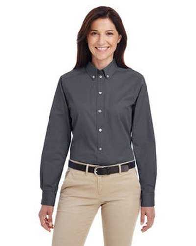 Harriton M581W Ladies' Foundation 100% Cotton Long-Sleeve Twill Shirt withTeflon - Dark Charcoal - HIT a Double