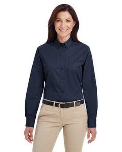 Harriton M581W Ladies' Foundation 100% Cotton Long-Sleeve Twill Shirt withTeflon - Dark Navy - HIT a Double