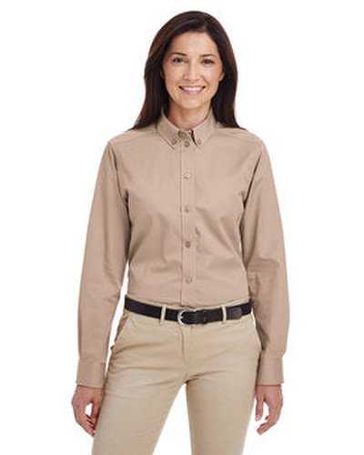 Harriton M581W Ladies&#39; Foundation 100% Cotton Long-Sleeve Twill Shirt withTeflon - Khaki - HIT a Double