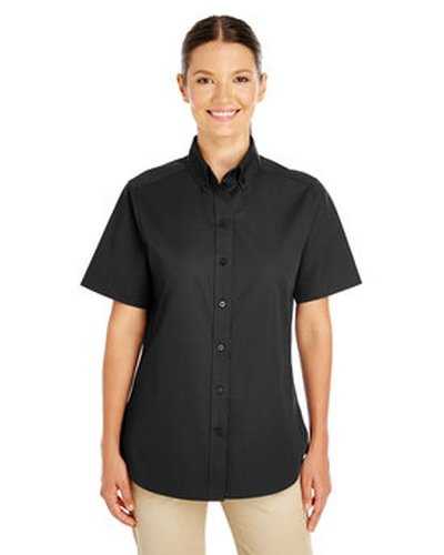 Harriton M582W Ladies&#39; Foundation 100% Cotton Short-Sleeve Twill Shirt with Teflon - Black - HIT a Double