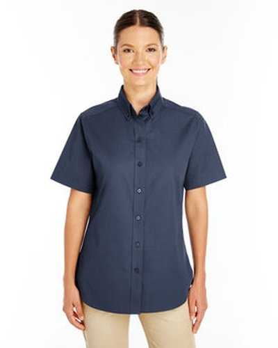Harriton M582W Ladies&#39; Foundation 100% Cotton Short-Sleeve Twill Shirt with Teflon - Dark Navy - HIT a Double