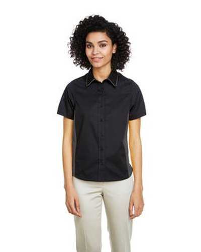 Harriton M586W Ladies&#39; Flash Il Colorblock Short Sleeve Shirt - Black Dark Charcoal - HIT a Double