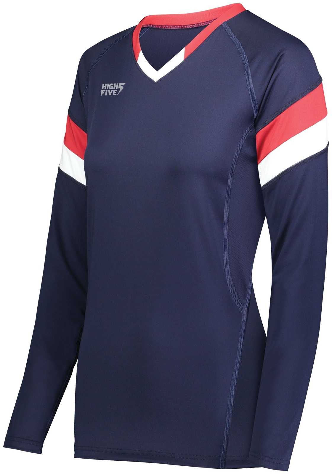 High Five 342242 Ladies TruHit Tri Long Sleeve Jersey - Navy Scarlet White - HIT a Double