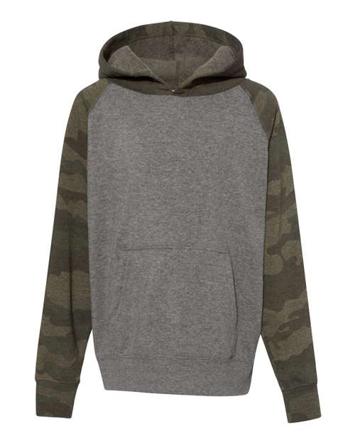 Independent Trading Co PRM15YSB Youth Special Blend Raglan Hooded Sweatshirt - Nickel Heather Forest Camo - HIT a Double