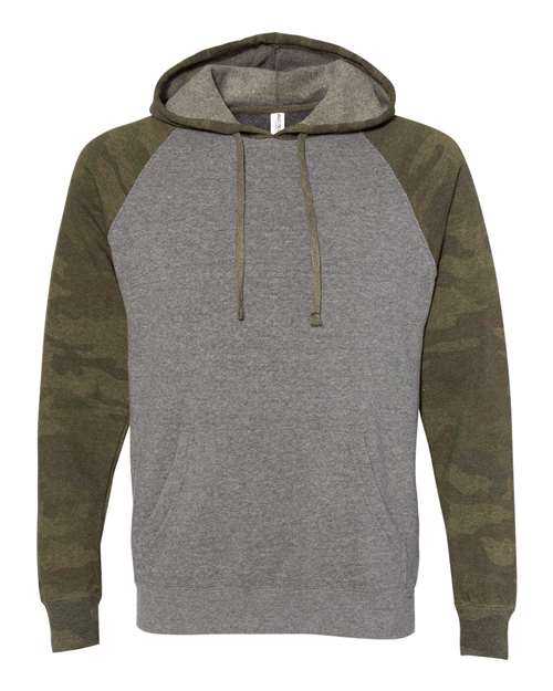 Independent Trading Co PRM33SBP Unisex Special Blend Raglan Hooded Sweatshirt - Nickel Heather Forest Camo - HIT a Double
