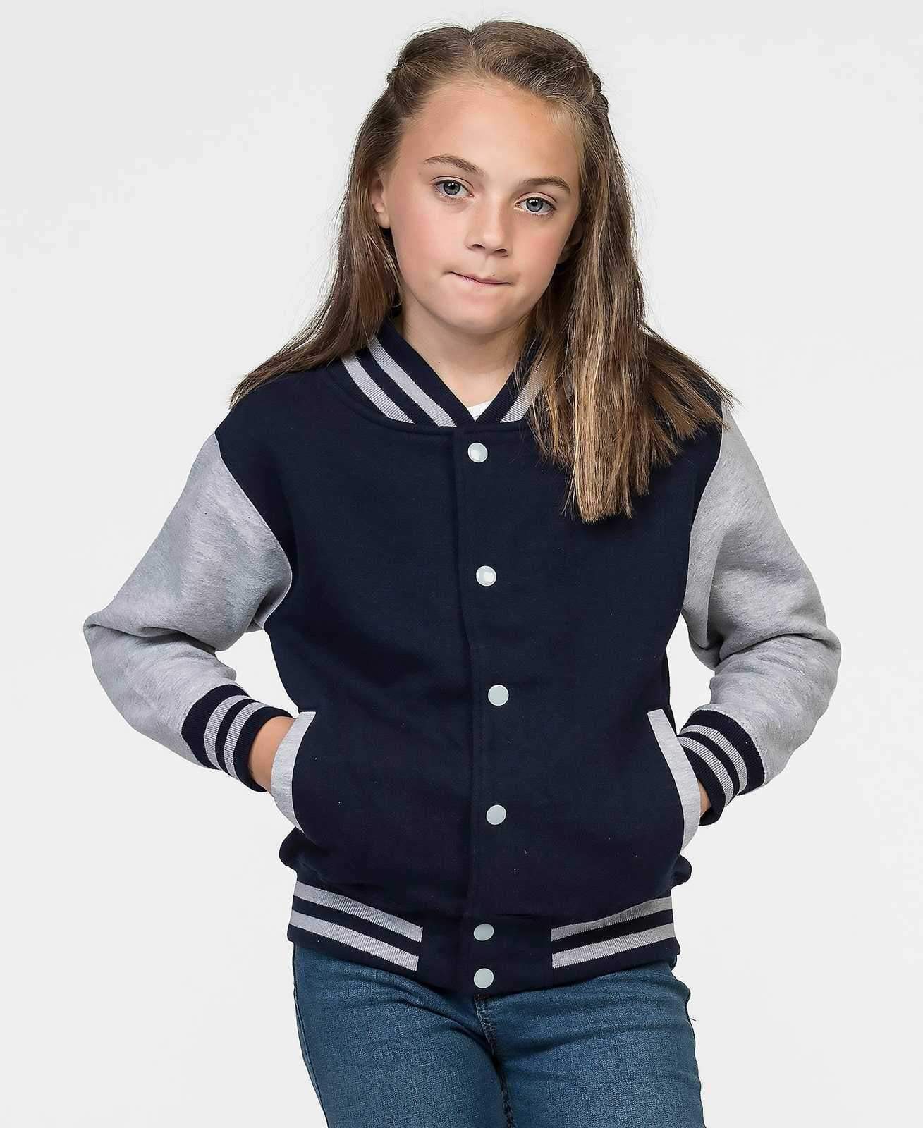 Just Hoods JHY043 Youth Letterman Jacket - Oxford Navy Heather Gray - HIT a Double