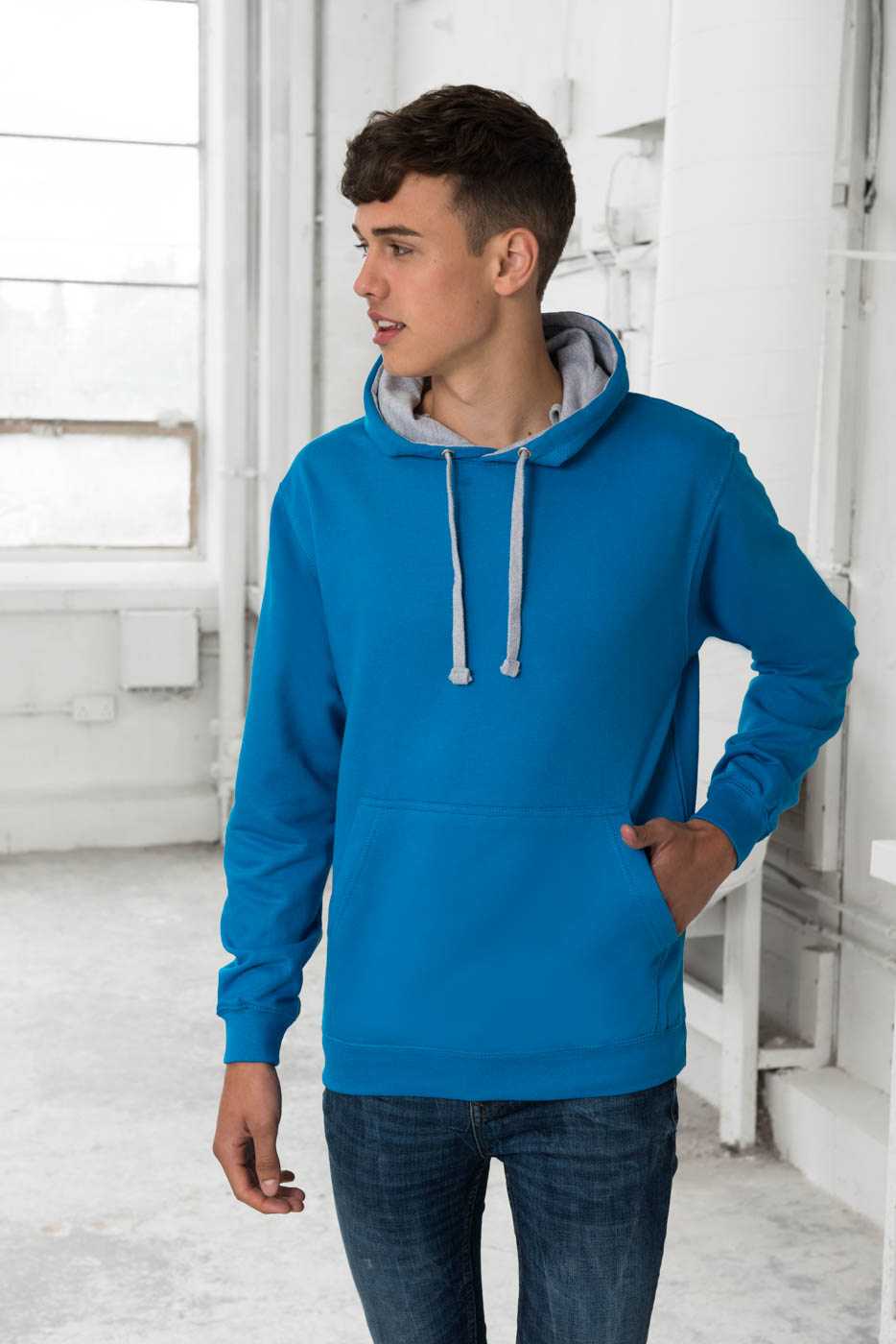 Just Hoods JHA003 Varsity Contrast Hoodie - Sapphire Blue Heather Gray - HIT a Double