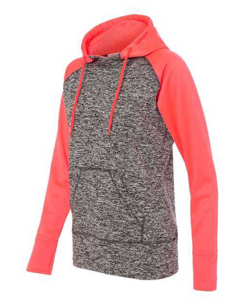 J. America 8618 Womens Colorblocked Cosmic Fleece Hooded Sweatshirt - Charcoal Fleck Fire Coral - HIT a Double