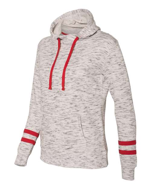 J. America 8674 Womens Mlange Fleece Striped-Sleeve Hooded Sweatshirt - White Red - HIT a Double