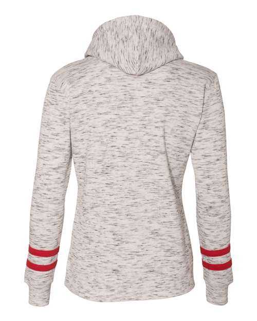 J. America 8674 Womens Mlange Fleece Striped-Sleeve Hooded Sweatshirt - White Red - HIT a Double