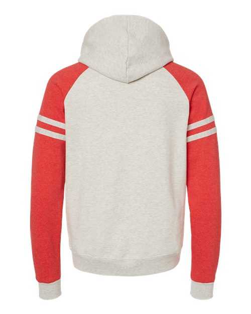Jerzees 97CR Nublend Varsity Colorblocked Raglan Hooded Sweatshirt - Oatmeal Heather Fiery Red Heather - HIT a Double