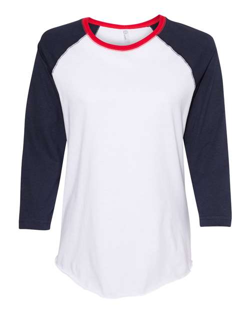 Lat 3530 Women's Baseball Fine Jersey Three-Quarter Sleeve Tee - White Navy Red - HIT a Double