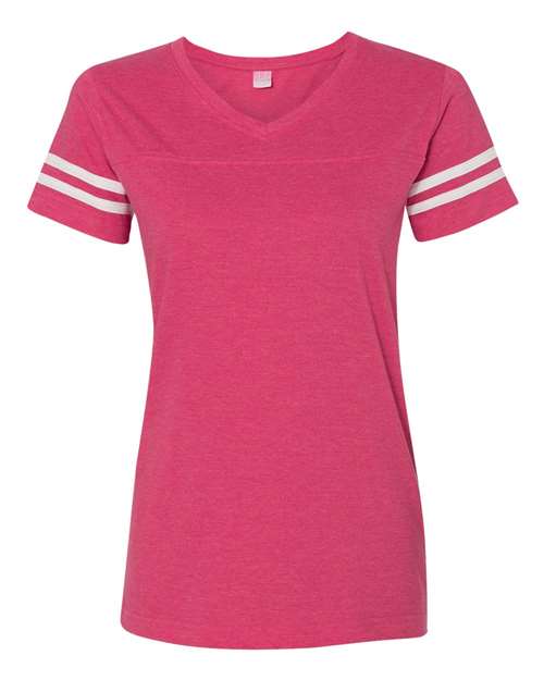 Lat 3537 Women's Football V-Neck Fine Jersey Tee - Vintage Hot Pink White - HIT a Double