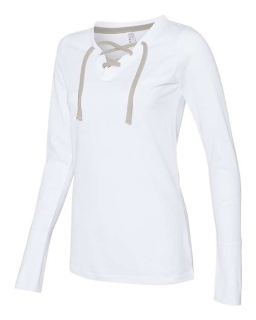 Lat 3538 Women's Fine Jersey Lace-Up Long Sleeve T-Shirt - Blended White Titanium - HIT a Double