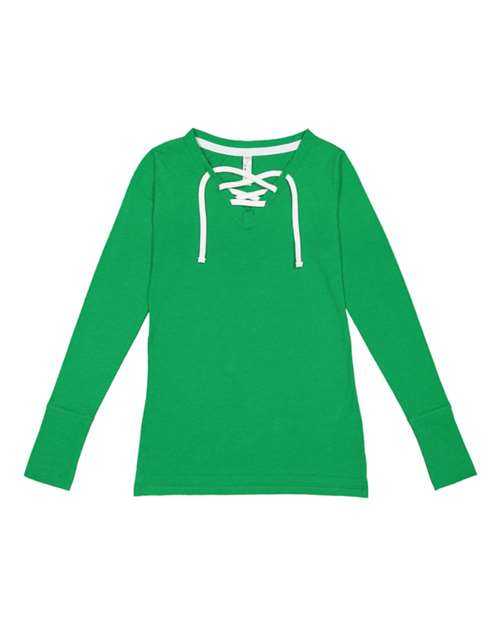 Lat 3538 Women&#39;s Fine Jersey Lace-Up Long Sleeve T-Shirt - Vintage Green White - HIT a Double