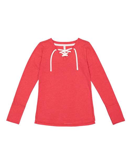Lat 3538 Women&#39;s Fine Jersey Lace-Up Long Sleeve T-Shirt - Vintage Red White - HIT a Double