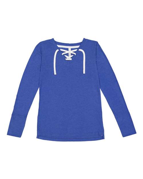 Lat 3538 Women&#39;s Fine Jersey Lace-Up Long Sleeve T-Shirt - Vintage Royal White - HIT a Double