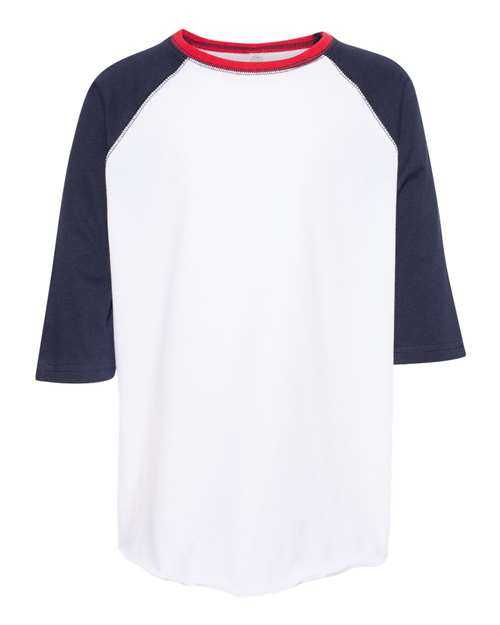 Lat 6130 Youth Baseball Fine Jersey Three-Quarter Sleeve Tee - White Navy Red - HIT a Double
