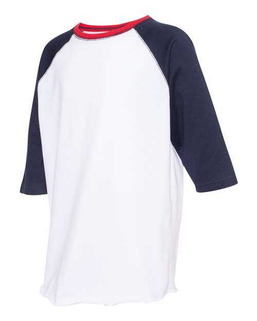 Lat 6130 Youth Baseball Fine Jersey Three-Quarter Sleeve Tee - White Navy Red - HIT a Double