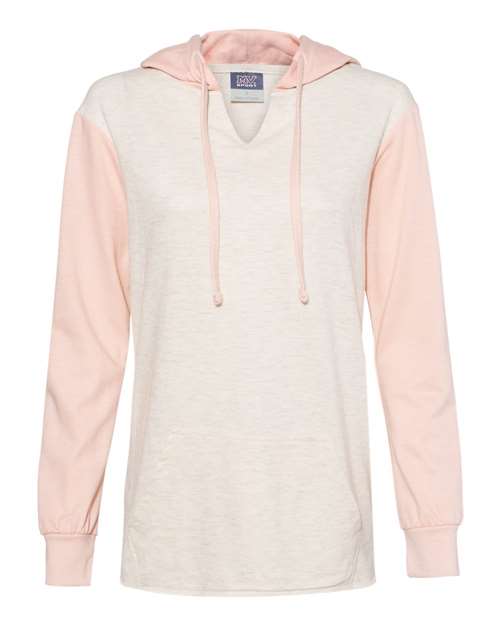 MV Sport W20145 Womens French Terry Hooded Pullover with Colorblocked Sleeves - Cameo Pink Oatmeal - HIT a Double