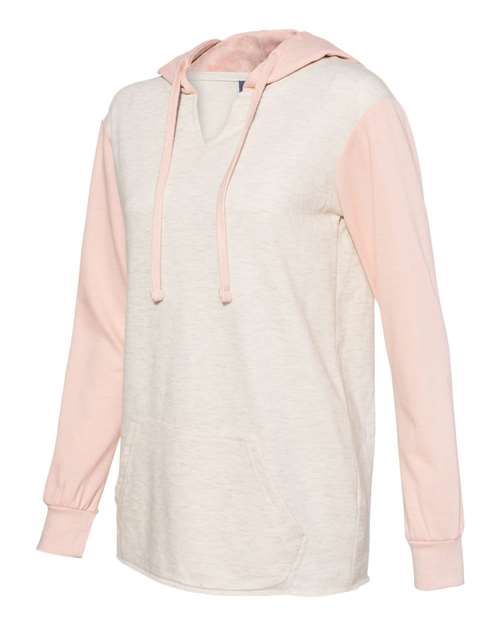 MV Sport W20145 Womens French Terry Hooded Pullover with Colorblocked Sleeves - Cameo Pink Oatmeal - HIT a Double