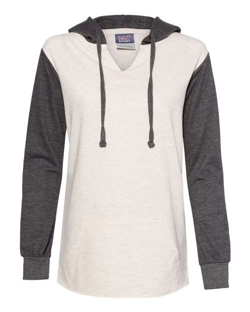 MV Sport W20145 Womens French Terry Hooded Pullover with Colorblocked Sleeves - Charcoal Oatmeal - HIT a Double