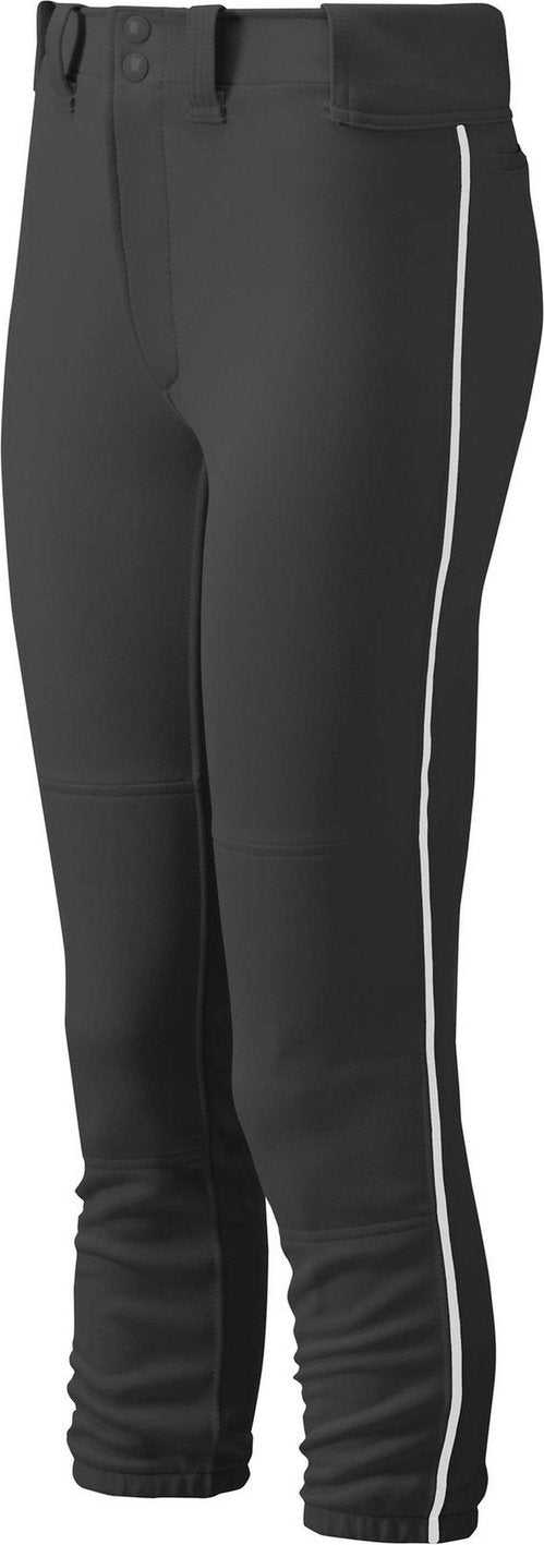 Mizuno Girl&#39;s Belted Piped Softball Pant - Black White - HIT a Double