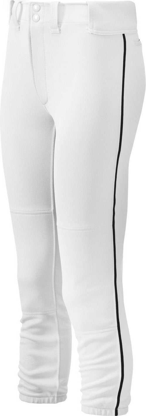 Mizuno Girl&#39;s Belted Piped Softball Pant - White Black - HIT a Double