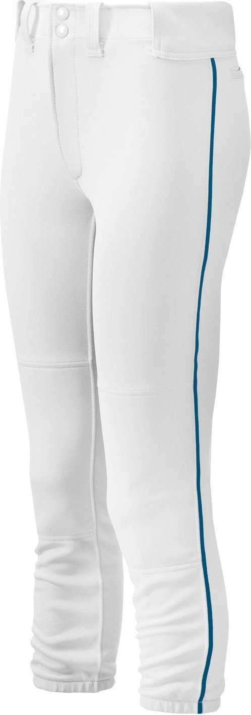 Mizuno Girl&#39;s Belted Piped Softball Pant - White Navy - HIT a Double