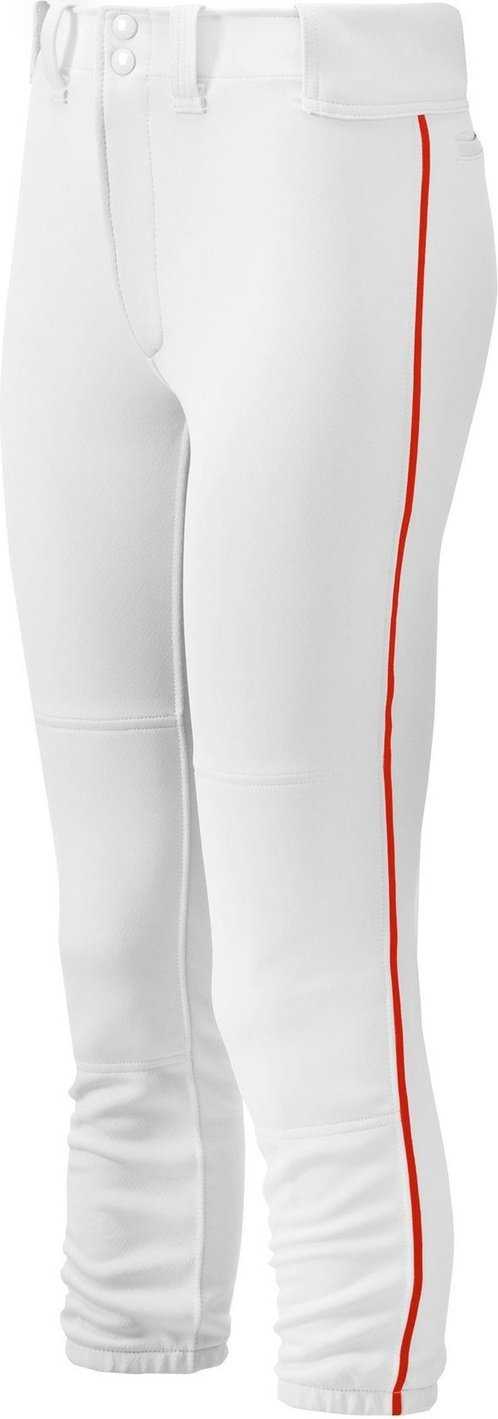 Mizuno Girl&#39;s Belted Piped Softball Pant - White Red - HIT a Double