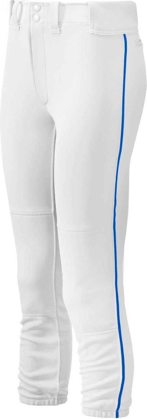 Mizuno Girl&#39;s Belted Piped Softball Pant - White Royal - HIT a Double