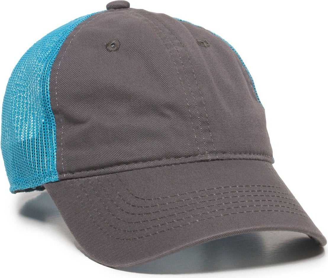 OC Sports FWT-130 Garment Wash Mesh Back Baseball Cap - Charcoal Neon Blue - HIT a Double - 1