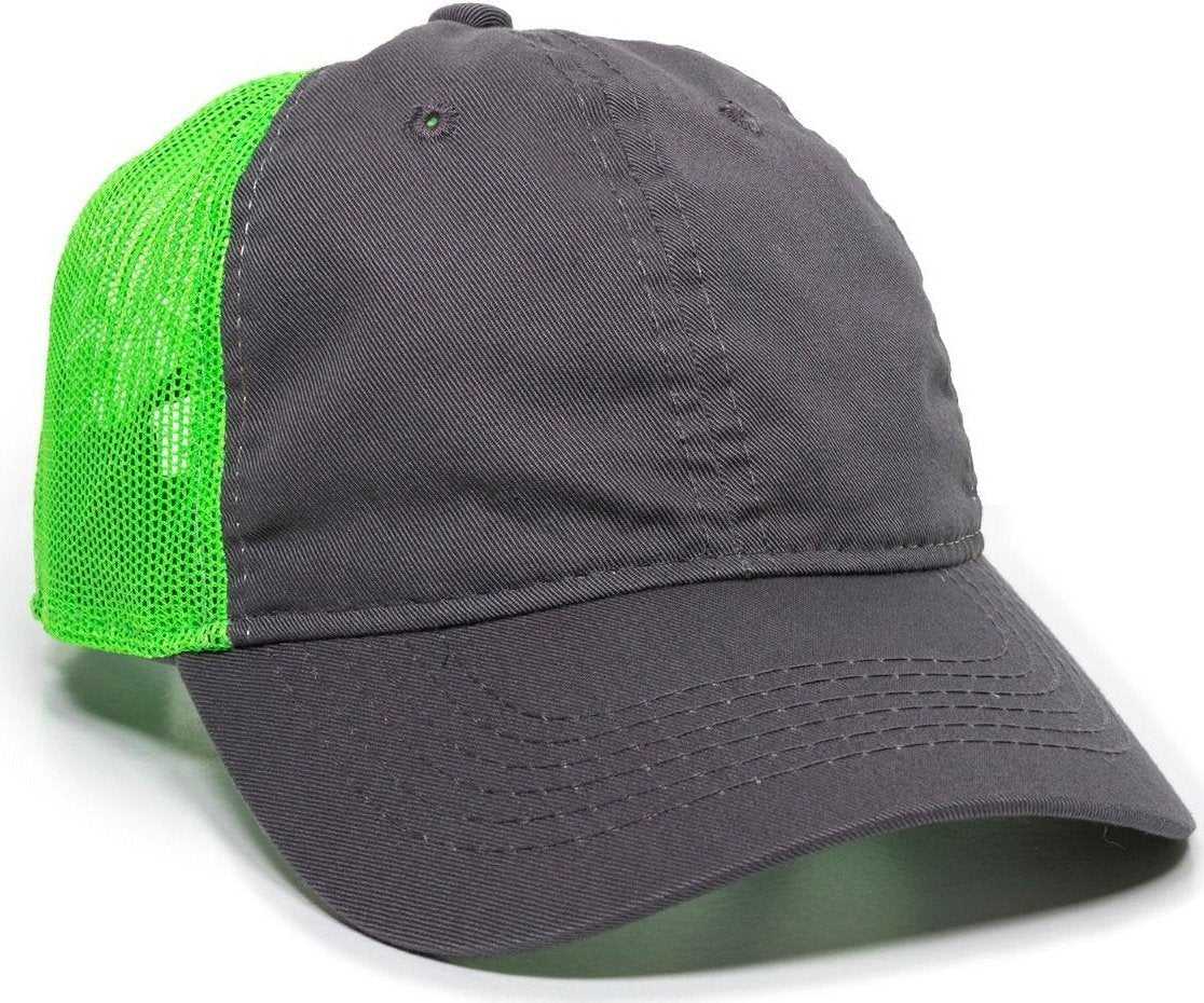 OC Sports FWT-130 Garment Wash Mesh Back Baseball Cap - Charcoal Neon Green - HIT a Double - 1