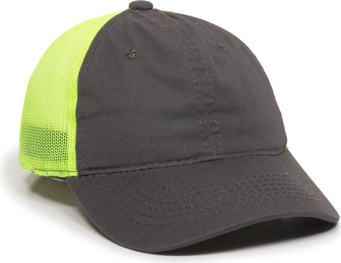 OC Sports FWT-130 Garment Wash Mesh Back Baseball Cap - Charcoal Neon Yellow - HIT a Double - 1