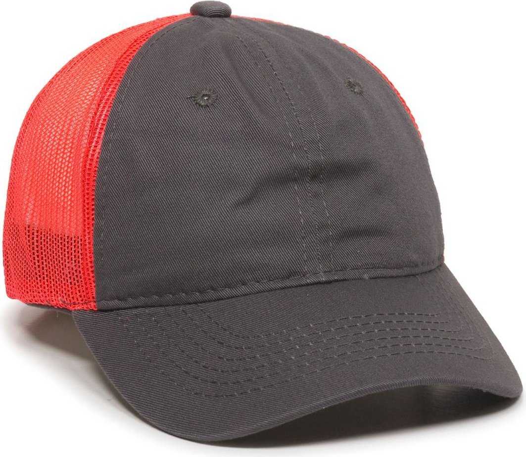 OC Sports FWT-130 Garment Wash Mesh Back Baseball Cap - Charcoal Red - HIT a Double - 1