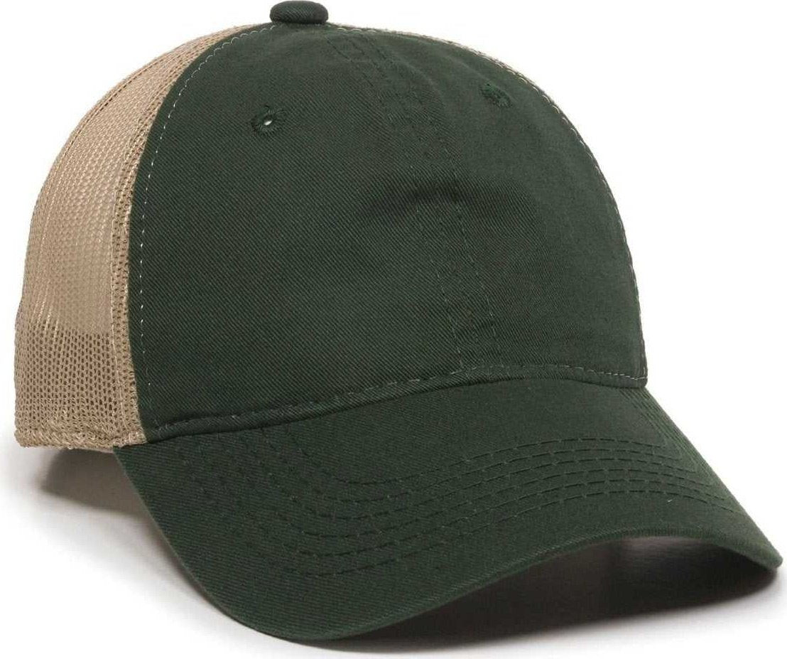 OC Sports FWT-130 Garment Wash Mesh Back Baseball Cap - Dark Green Tan - HIT a Double - 1