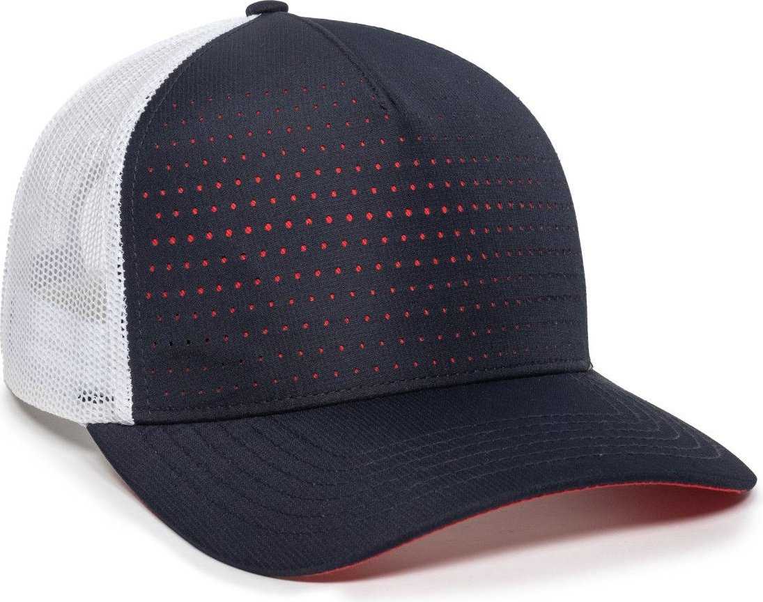 OC Sports OC502M Laser Perforated Font Panel Cap - Navy White Red - HIT a Double - 1