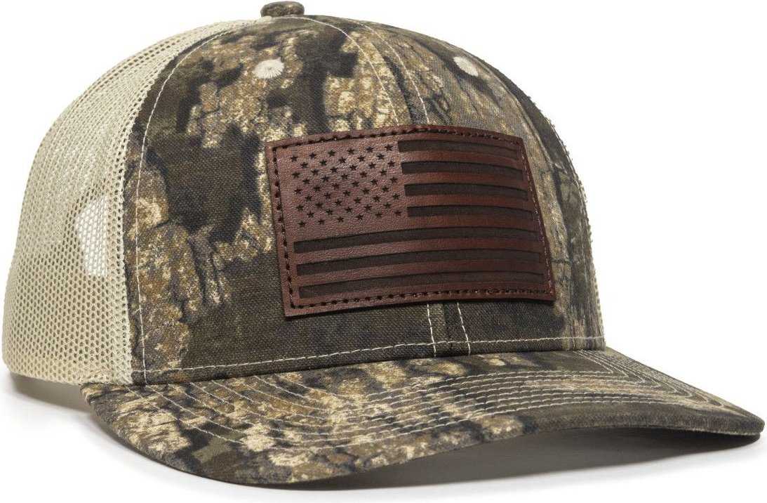 OC Sports USA771CAMO American Flag Leather Patch Cap -Realtree Timber Tan - HIT a Double - 1
