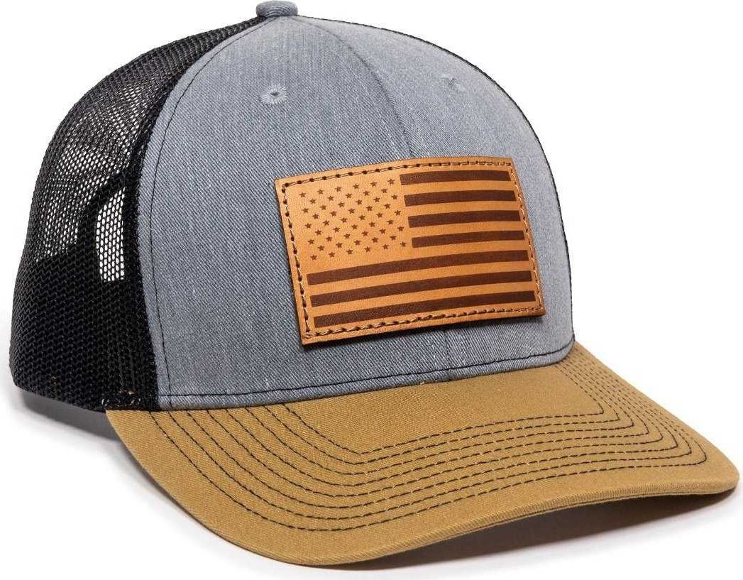 OC Sports USA771 American Flag Leather Patch Cap -Heathered Gray Black Old Gold - HIT a Double - 1