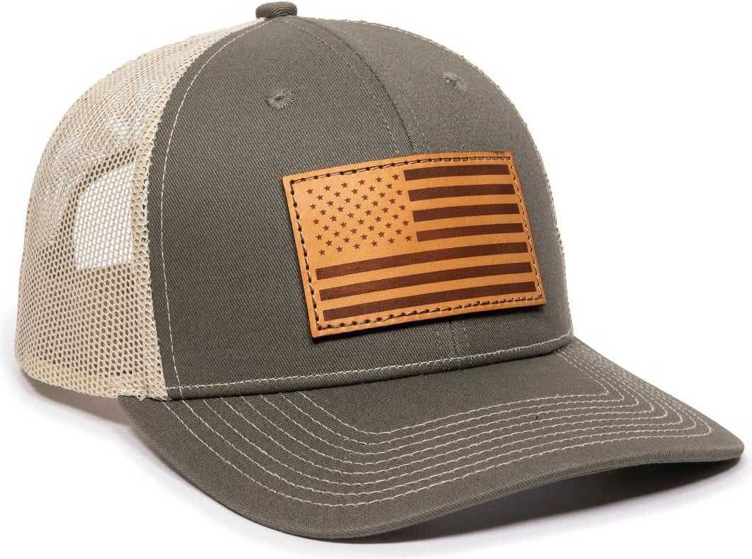 OC Sports USA771 American Flag Leather Patch Cap -Olive Khaki - HIT a Double - 1