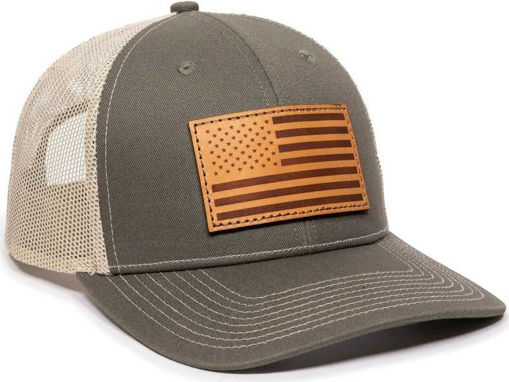 OC Sports USA771 American Flag Leather Patch Cap -Olive Khaki - HIT a Double - 1