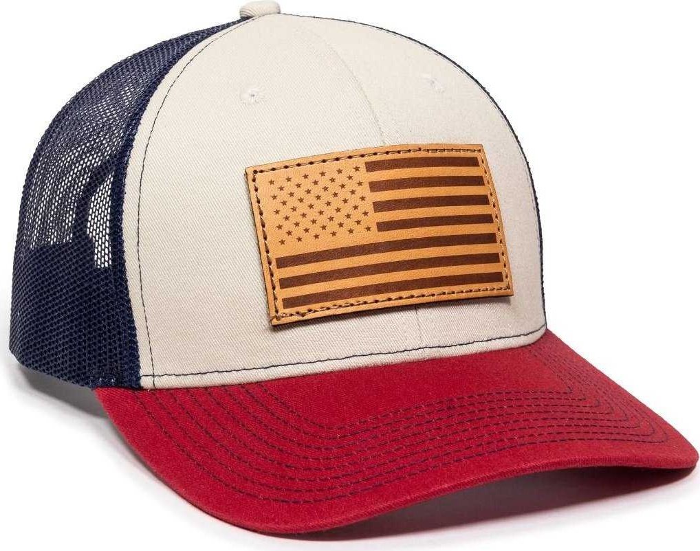 OC Sports USA771 American Flag Leather Patch Cap -Stone Navy Cardinal - HIT a Double - 1