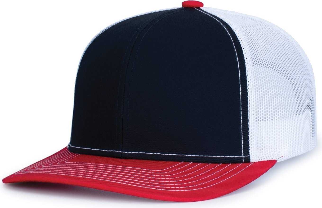 Pacific Headwear 104S Contrast Stitch Trucker Snapback - Navy White Red - HIT a Double
