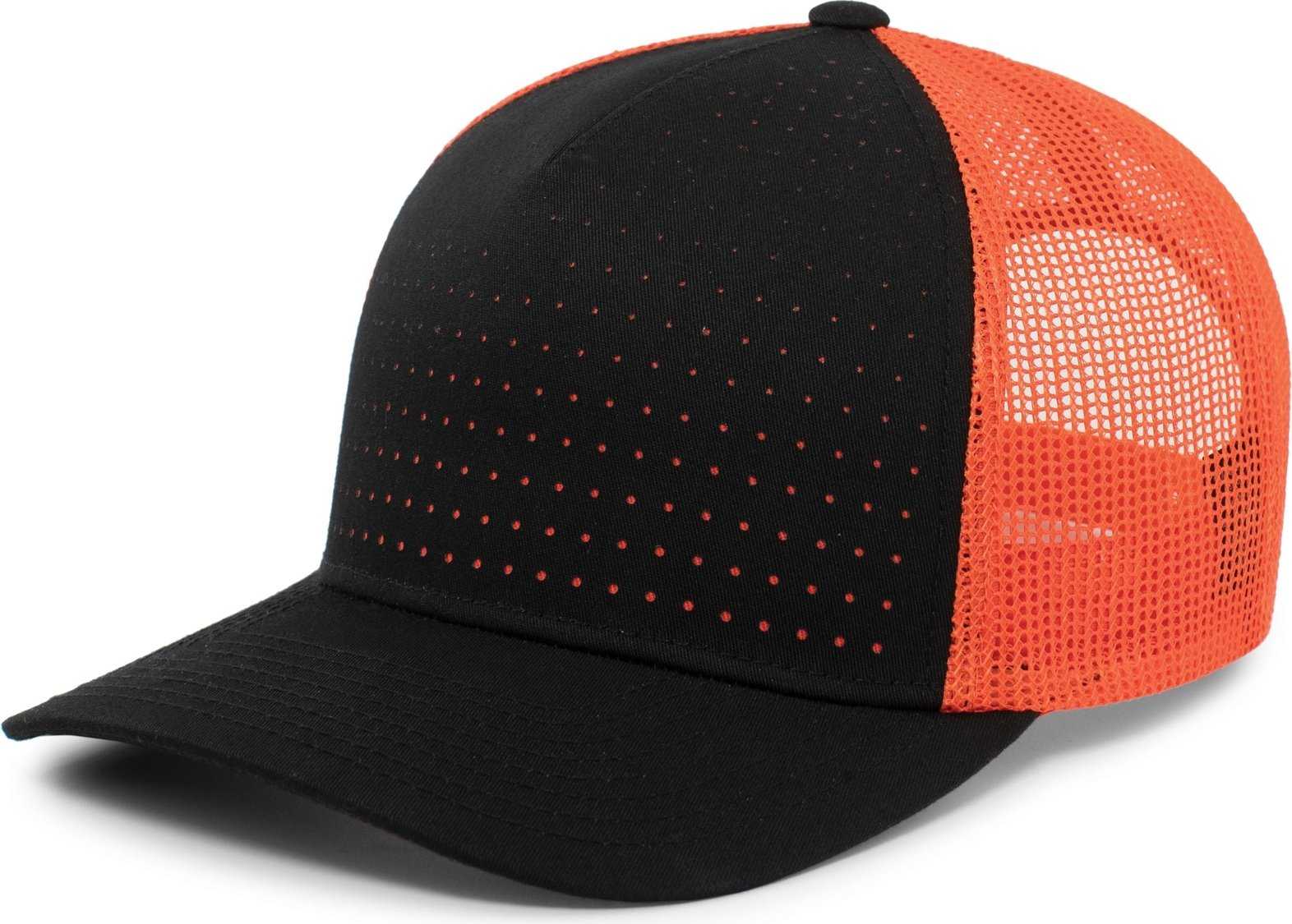 Pacific Headwear 105P Perforated 5 Panel Trucker Snapback Cap - Black Orange Black - HIT a Double