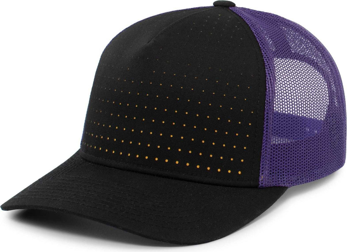 Pacific Headwear 105P Perforated 5 Panel Trucker Snapback Cap - Black Purple Gold - HIT a Double
