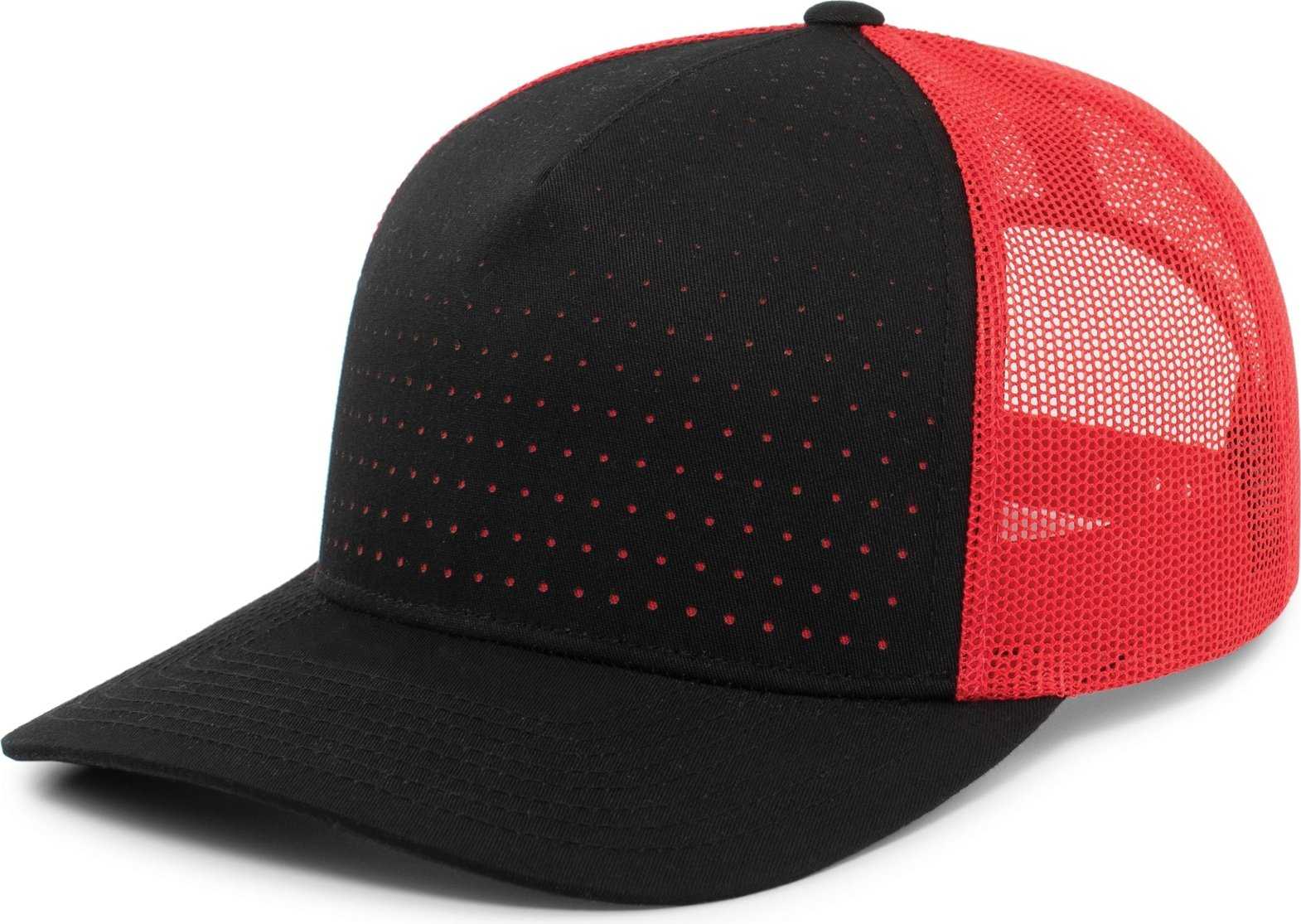Pacific Headwear 105P Perforated 5 Panel Trucker Snapback Cap - Black Red Black - HIT a Double